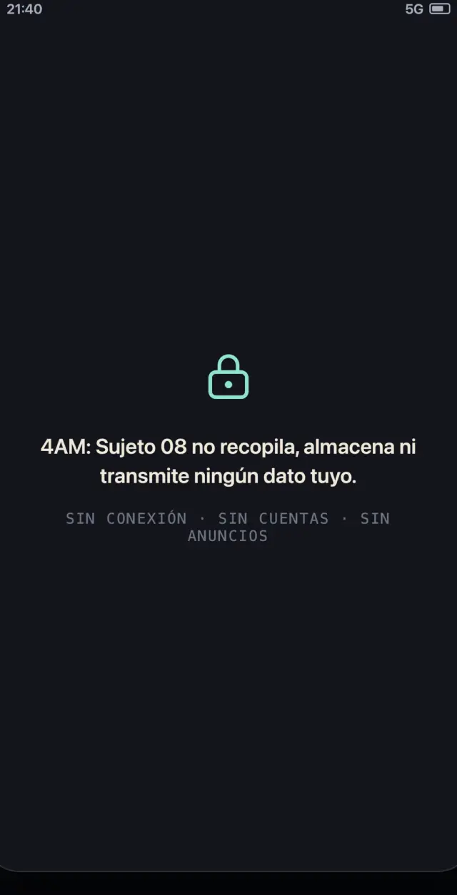 La pantalla de privacidad del juego: no recopila, almacena ni transmite ningún dato tuyo.